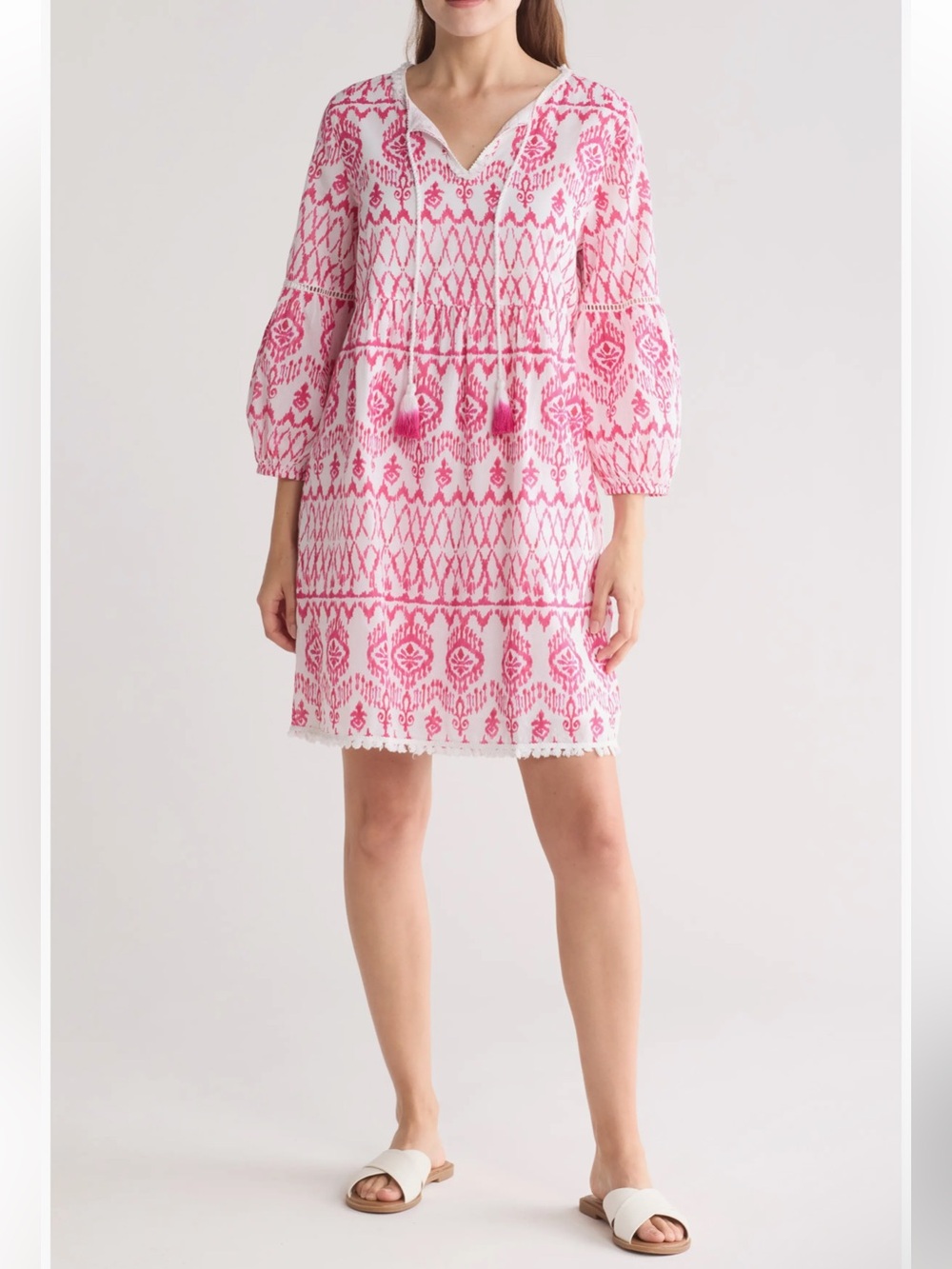 Tommy Bahama Women Dress Large White Pink Ikat Tropic Embroidered Tunic Cotton
